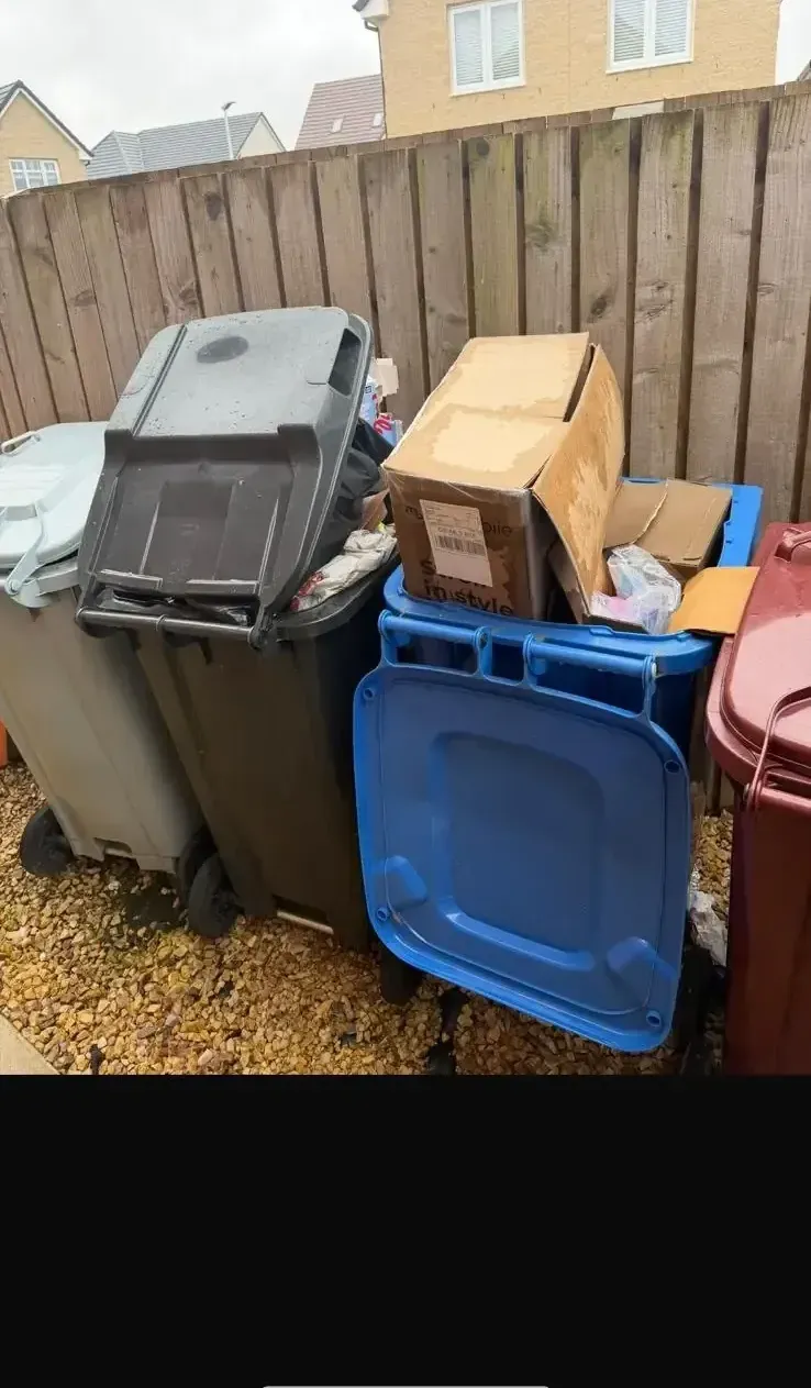 Overflowing bins and loose rubbish before clearance